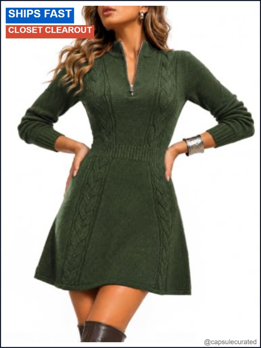 Half Zip Knit Sweater Dress A Line Mini Long Sleeve